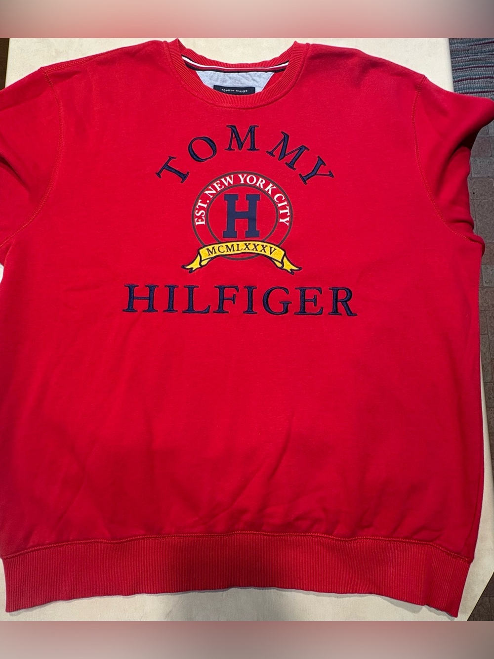 Tommy Hilfiger Red Crewneck Sweater with Signature Navy & White Trim